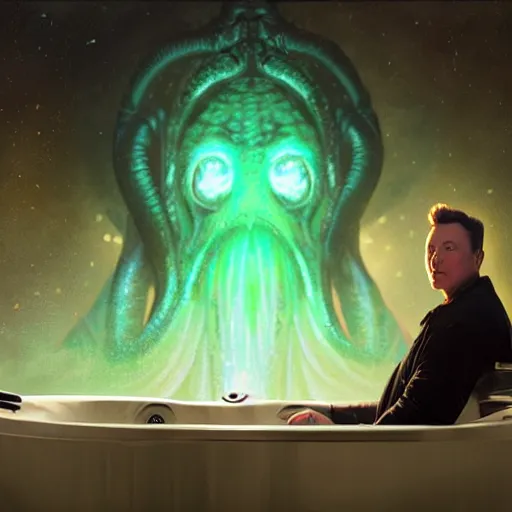 Prompt: UHD photorealistic Elon Musk and Cosmic Cthulhu in a hot tub, in the style of tonalism by Greg Rutkowski, trending on Artstation, hyperrealistic, correct details, symmetrical faces