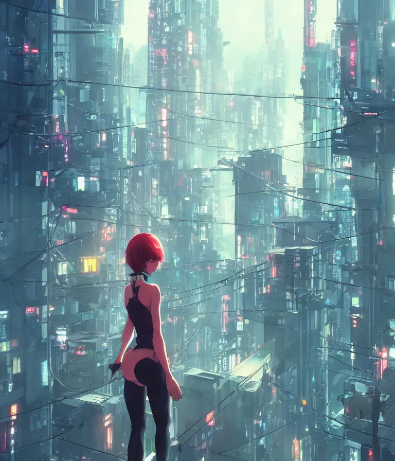 Image similar to a girl stands on top of a multi-storey building, anime style, 4k, cyberpunk city in the background, HD, artstation, very detailed, by Ilya Kuvshinov