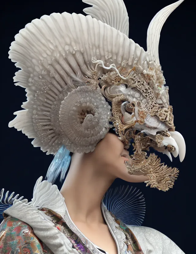 Image similar to 3 d goddess close - up profile portrait biomechanics with ram skull. beautiful intricately detailed japanese crow kitsune mask and clasical japanese kimono. betta fish, jellyfish phoenix, bio luminescent, plasma, ice, water, wind, creature, artwork by tooth wu and wlop and beeple and greg rutkowski