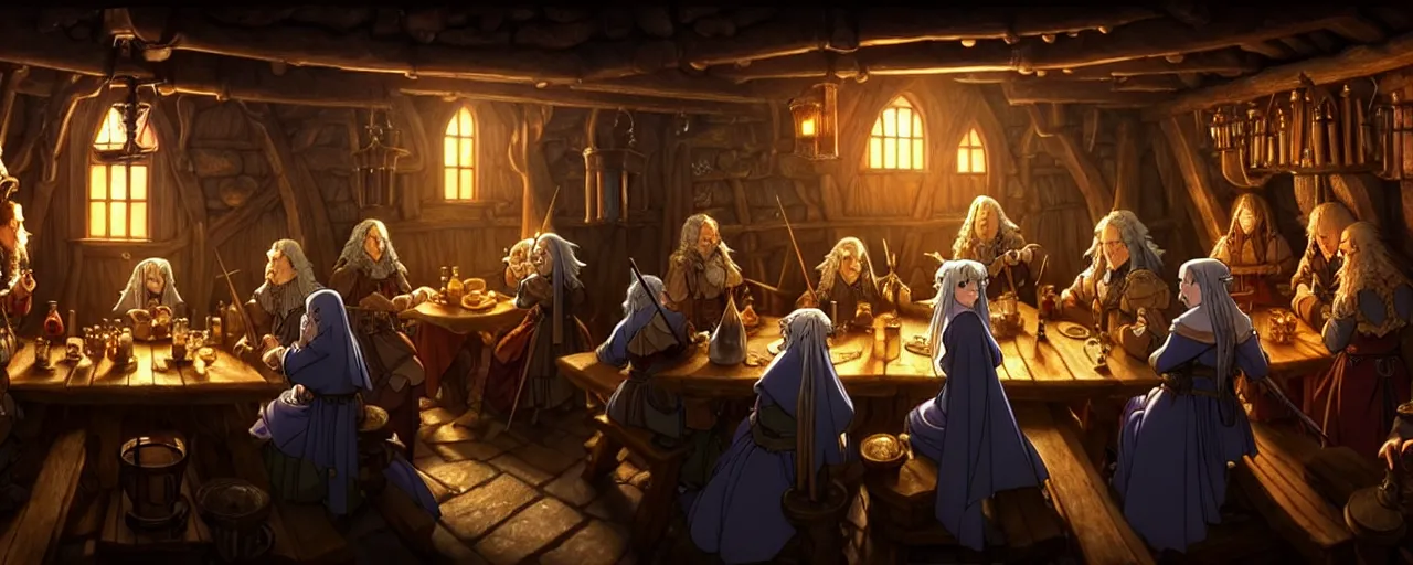 Image similar to A multidimensional cozy tavern, screenshot from medieval Lord of the rings anime hidden object game, cinematic lighting, epic composition, cartoon, animation, background art, post processing, 8K resolution, elegant, highly detailed, digital painting, artstation, concept art, matte, sharp focus, illustration, art by da Vinci, Artgerm and Greg Rutkowski and Alphonse Mucha and billy butcher