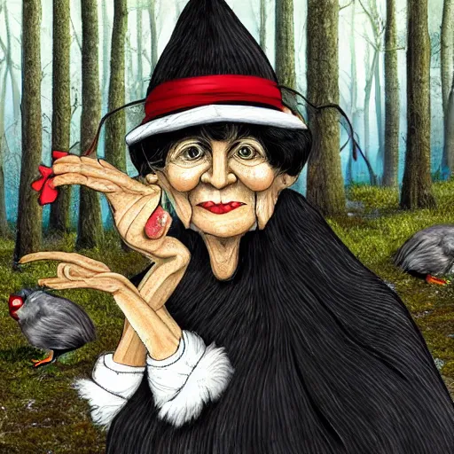 Prompt: a fabulous old woman with a sly face, a long nose and a wart on it. there is a black cat nearby. the background of huge chicken paws on top is a hut. fabulous enchanting dense forest around. very clear image. hyperrealistic.