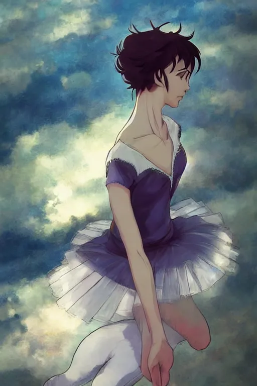 Image similar to ballerina, artwork made by makoto shinkai, inspired in hirohiko araki, clean details, light color palette, anatomically proportional, hd