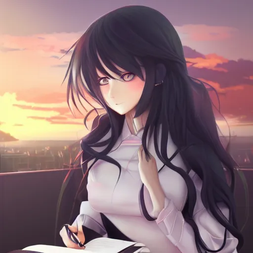 Prompt: advanced digital anime art, a beautiful seductive female teen with red eyes and black hair that is to waist length wearing a dark grey school outfit sitting on a desk in a classroom at golden hour reading a novel . drawn by Shikamimi, WLOP,rossdraws