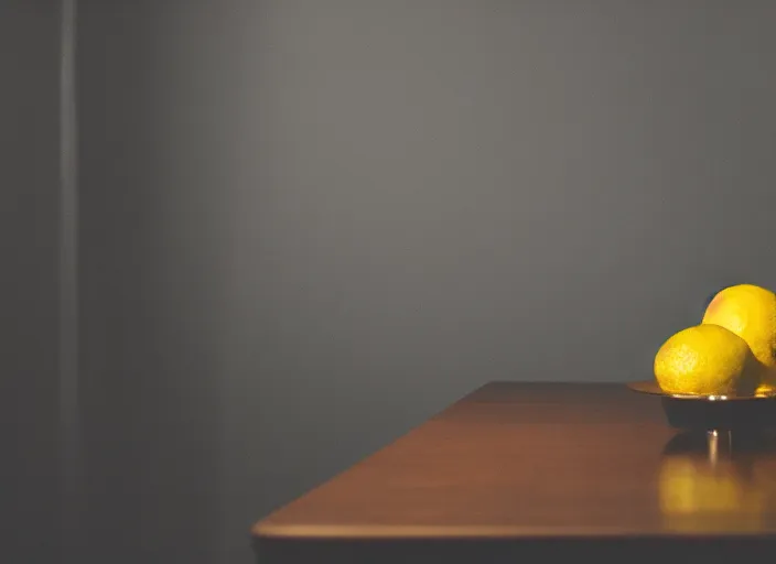 Image similar to dark liminal room, lemon sits idly on a centered table, eerie atmosphere, dark dramatic lighting, trending on unsplash, 4 k photorealism