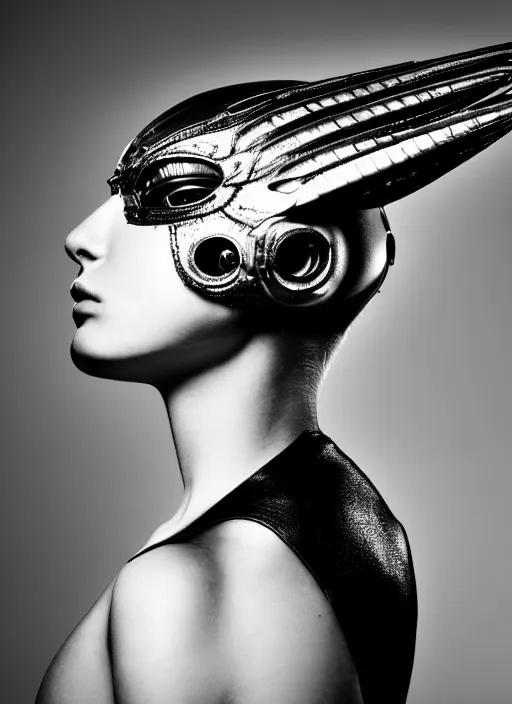 Prompt: a profile portrait, a stunning young woman - cyborg with a mutant bird head, editorial photography, bw, by roman sustov, by hr giger, shot on 7 0 mm, depth of field, f / 2. 8, high contrast, 1 6 k, volumetric lighting, shiny, insanely detailed and intricate, hypermaximalist, elegant, ornate