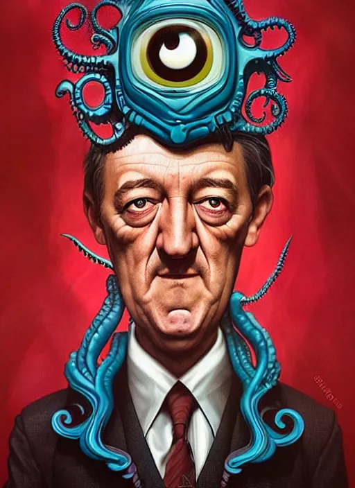 Image similar to lovecraftian portrait of grumpy stephen fry, pixar style, by tristan eaton stanley artgerm and tom bagshaw