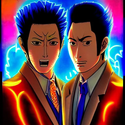 Prompt: beautiful amazing anime portrait painting of kiryu kazuma and goro majima in tokyo. neon lights. by hayao miyazaki, katsuhiro otomo, akira toriyama, satoshi kon, eiichiro oda, hideaki anno