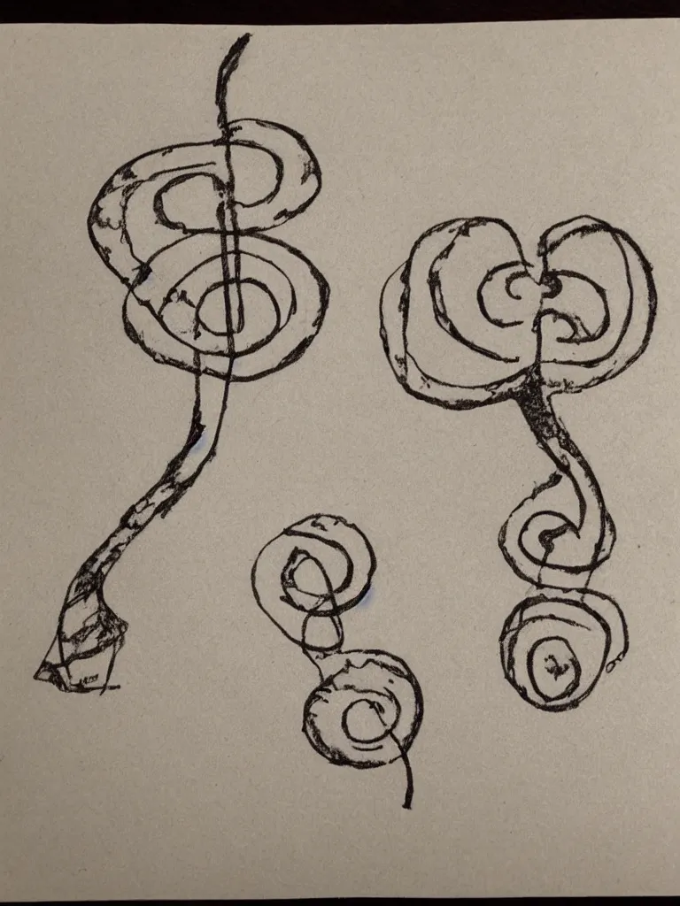 Image similar to a sketch of an acorn that turns into a tree in the shape of a treble clef with a broken line in the middle, single line drawing