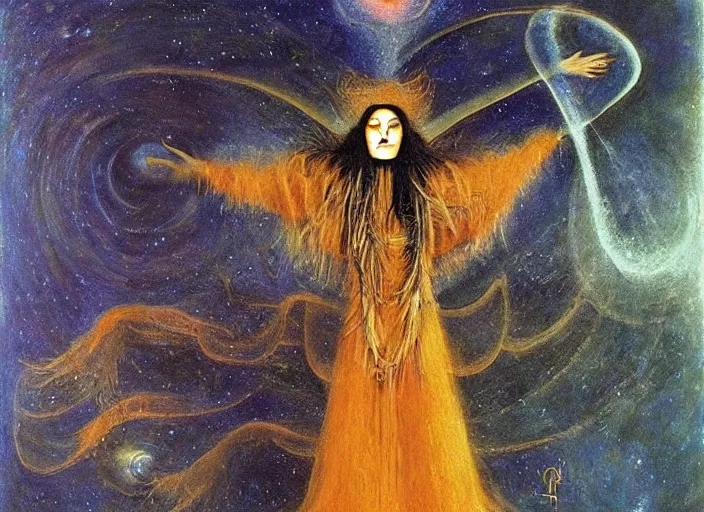 Prompt: a shaman woman spirit holding up the cosmic!! universe, by remedios varo, reflection, symbolist, magic colors, dramatic lighting, smooth, sharp focus, extremely detailed, aesthetically pleasing composition