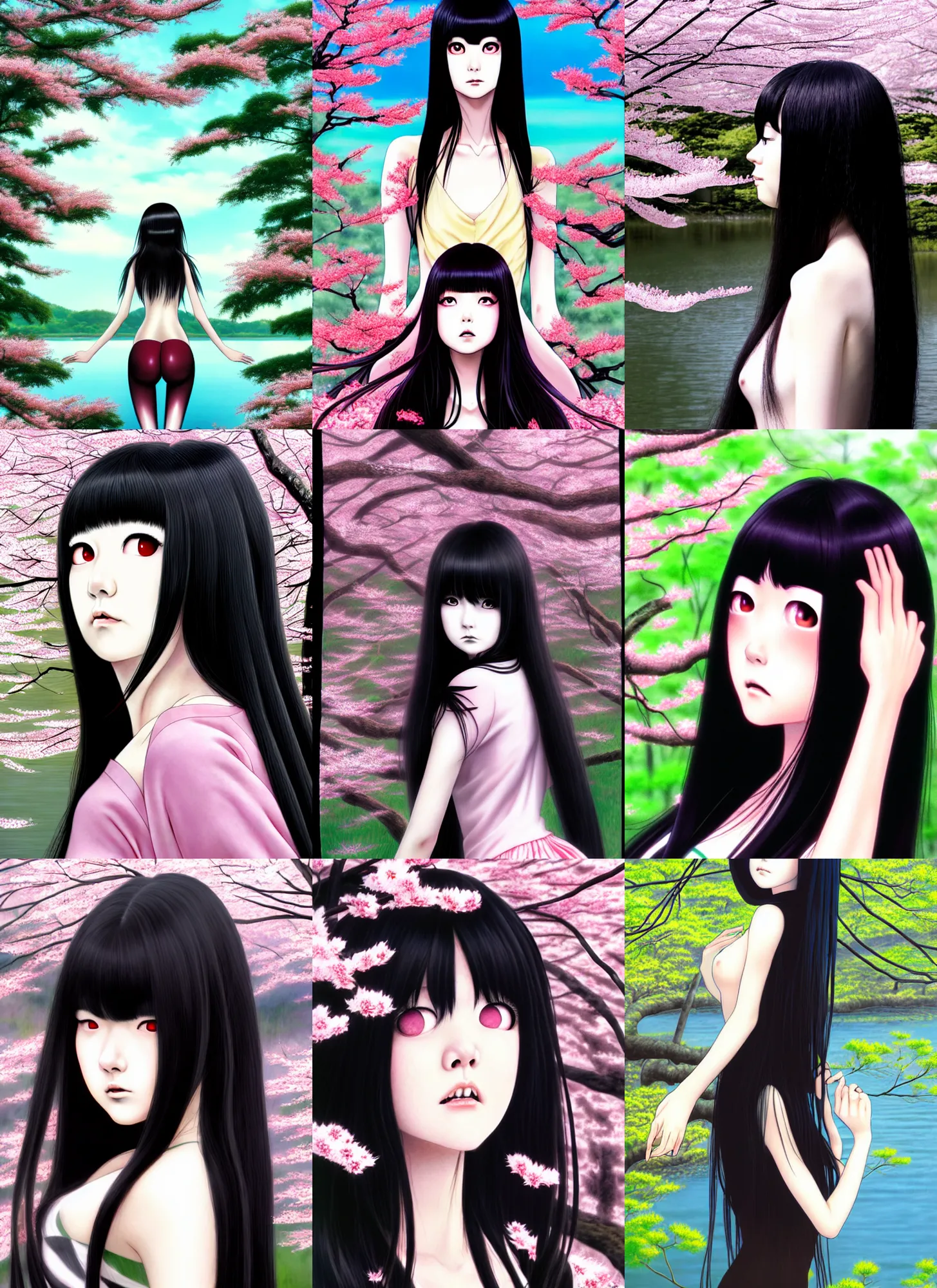 Prompt: tomie from junji ito with long sleek black hair, staring at a beautiful lake surrounded by a lush cherry blossom forest, over the shoulder shot, portrait photo, photorealistic, by ohrai noriyoshi