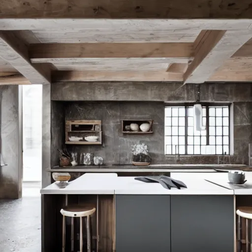 Image similar to luxury bespoke kitchen design, modern rustic, Japanese and Scandanvian influences, understated aesthetic, innovative materials and textrue, by Roundhouse Design and Charles Yorke and Davonport