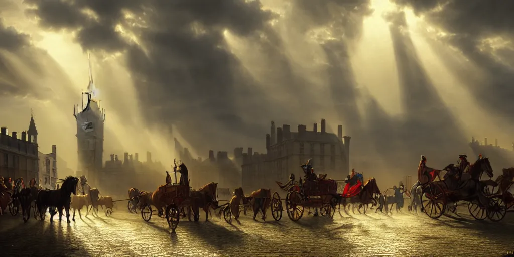 Image similar to 1 8 th century london, god rays, carriages with horses, digital art, landscape, fantasy art, octane render, ureal engine, high detail, very realistic, by greg rutkowski. by james gurney