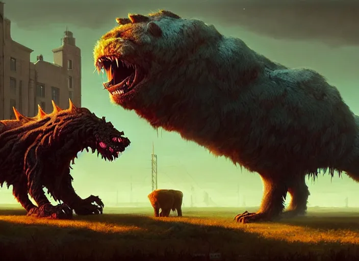 Prompt: giant monstrous aggressive furred creature lurking over a cowering smaller creature, in the foreground a small town, epic science fiction horror digital matte painting by Simon Stalenhag and Mark Brooks (and Greg Rutkowski), extremely detailed, artstation