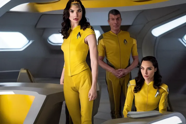 Image similar to Gal Gadot, wearing a yellow uniform, is the captain of the starship Enterprise in the new Star Trek movie