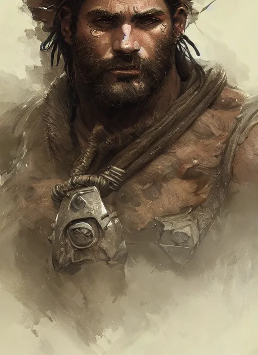 Image similar to portrait of a rugged ranger, muscular, upper body, hairy torso, D&D, fantasy, intricate, elegant, highly detailed, digital painting, artstation, concept art, smooth, sharp focus, illustration, art by greg rutkowski