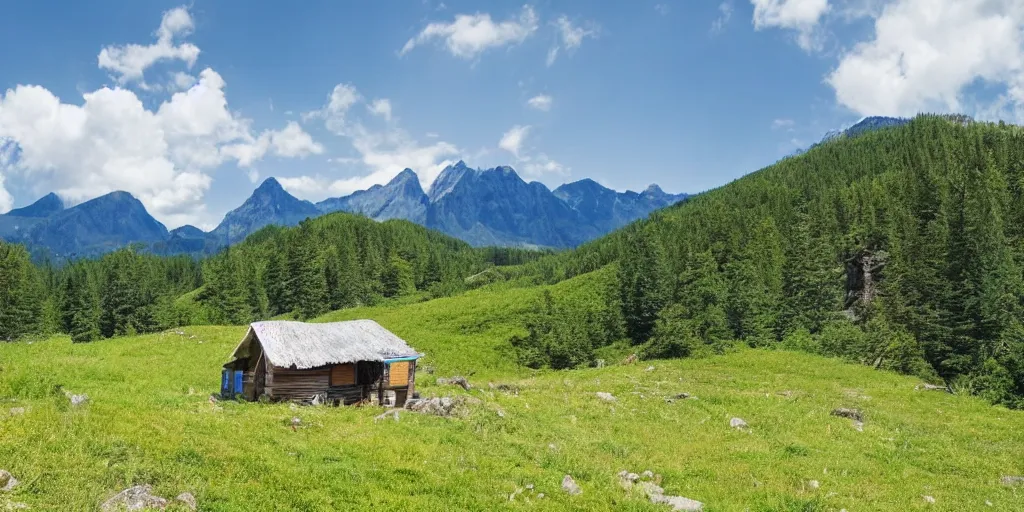 Image similar to a mountain landscape, in summer, with a hut surrounded by woods, blue sky