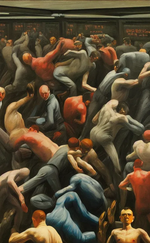 Prompt: Oil painting of mens in newyork stock exchange trading floor bearish markets droped fighting each other by Lucian Freud, Abstract brush strokes, Masterpiece, Edward Hopper and James Gilleard, Zdzislaw Beksinski, Mark Ryden, Wolfgang Lettl highly detailed, hints of Yayoi Kasuma