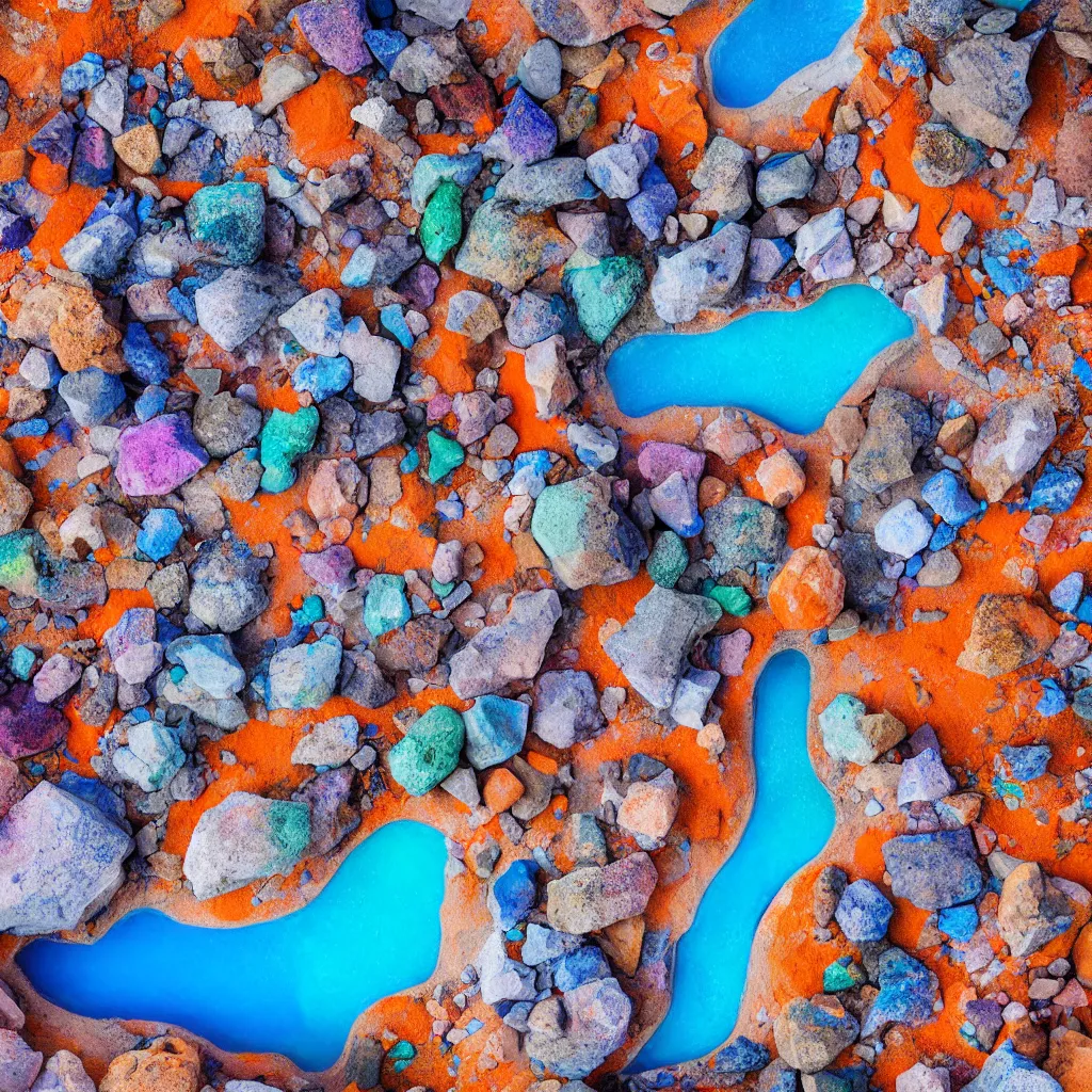 Image similar to bismuth boulders, orange sand desert with colorful pools of bright milky paint, birds eye view