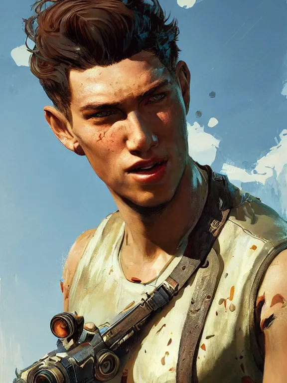 Image similar to portrait of a young man from fallout 4 wearing a summer outfit, short brown hair, art by ryo shiotani and greg rutkowski, intricate, beautiful, cute, cinematic lighting, vintage art by serge ivanoff