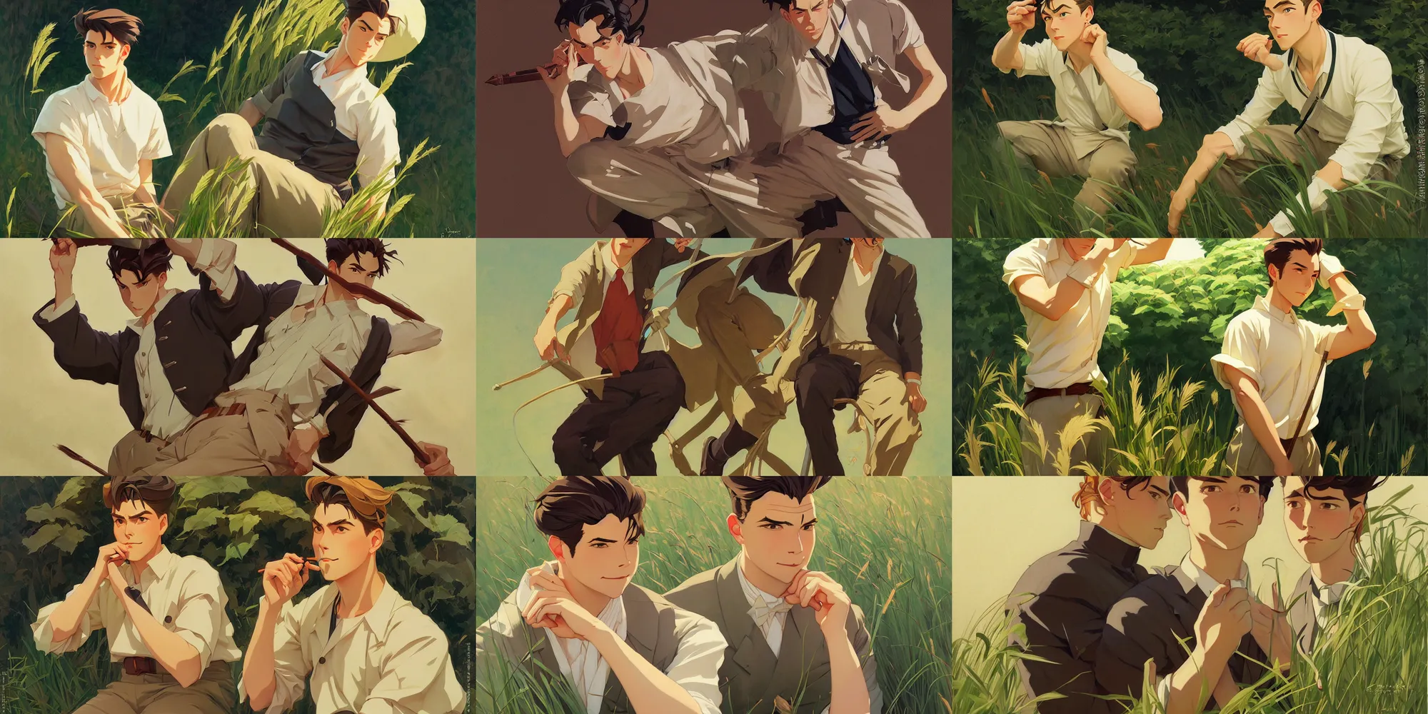 Prompt: grass, attractive male, in the style of studio ghibli, j. c. leyendecker, greg rutkowski, artem