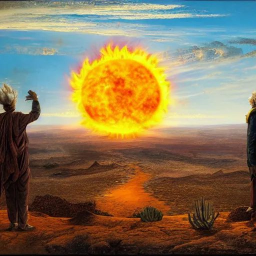 Prompt: giant fiery sun takes up most of the sky, two men look out over the horizon of a desert with plants on fire, highly detailed intricate matte painting