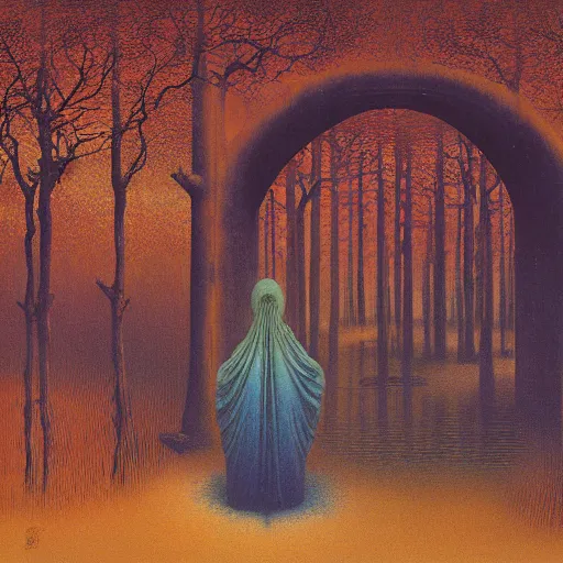 Prompt: Zdzisław Beksiński by Gerald Brom, Japanese Torii Gate in a lush forest