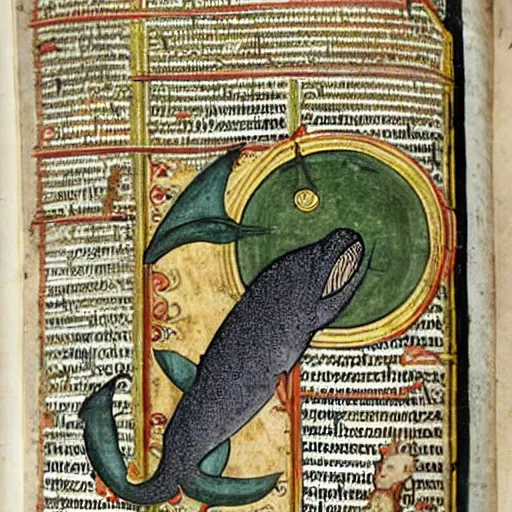 Prompt: medieval illuminated manuscript bible page depicting jonah in the belly of the whale