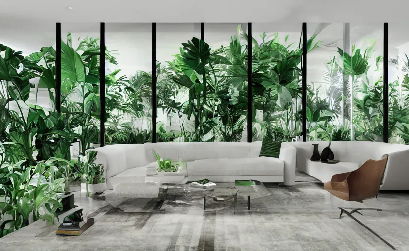 Prompt: empty room architecturaldigest interior, big widescren tv screen in the middle, tropical indoor plants, open shiny floor, v - ray render, high contras