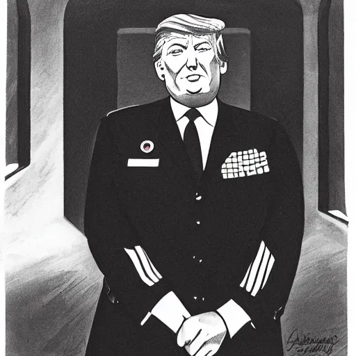 Prompt: donald trump as military school cadet by charles addams, black and white,