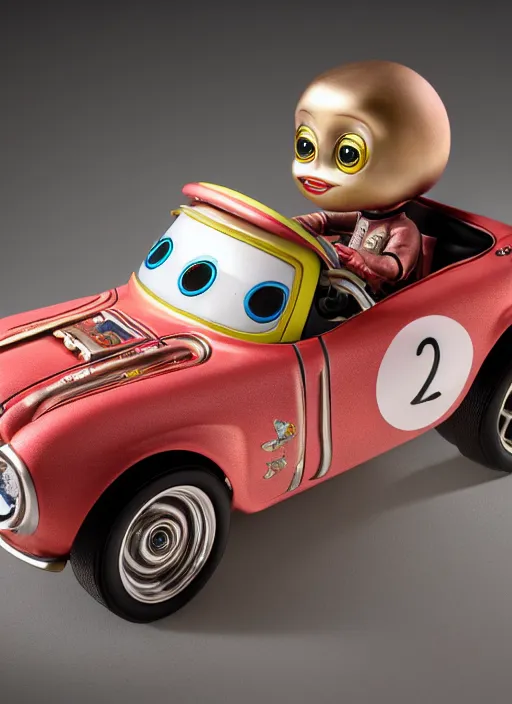 Image similar to highly detailed closeup portrait of a cute tin toy retro racing car, nicoletta ceccoli, mark ryden, lostfish, earl nore, hyung tae, frank frazetta, global illumination, god rays, detailed and intricate environment