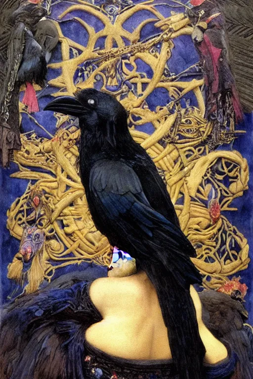 Prompt: a raven dressed as a goth shaman, by Annie Swynnerton and Nicholas Roerich and John Bauer and jean delville and John William Godward and Donato Giancola and Vermeer, black leather and embroidered velvet, iridescent beetles, rich color, dramatic cinematic lighting, featured on Artstation, extremely detailed