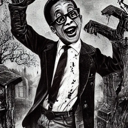 Image similar to Steve Urkel wearing a bowtie and suspenders scared in a graveyard chased by a demon, creepy, spooky, horror, ink, highly detailed illustration, Stephen Gammell