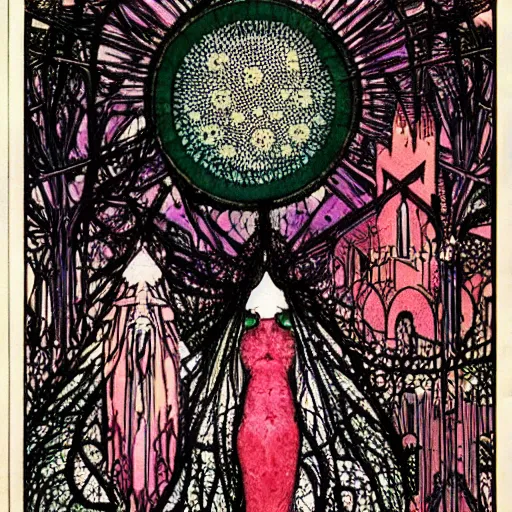 Prompt: madoka magica, artwork by Harry Clarke