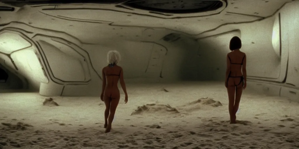 Image similar to color film still, view from behind, a woman in black bikini standing in front of a large wall depicting the beach inside a spaceship ; alien 2 ( 1 9 8 6 )