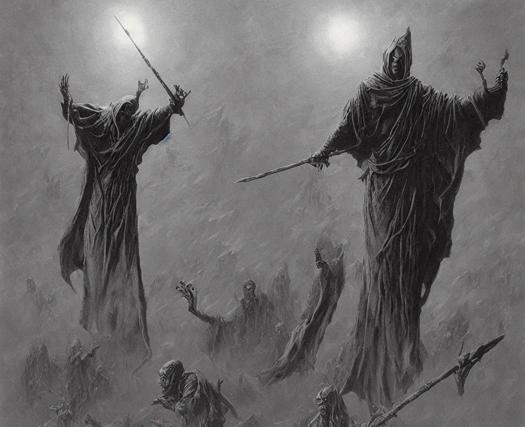 Prompt: evil mage with black wings holding a magical staff, fallen from heaven, surrounded by followers, cinematic lighting, 8k highly detailed Beksinski Greg Hildebrandt