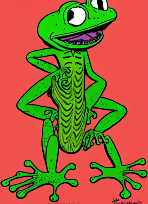 Image similar to an anthropomorphic frog dressed as a wasteland raider, in a post-apocalyptic wasteland, illustration in the style of Don Bluth, ralph bakshi, Peter Laird, Jamie Hewlett