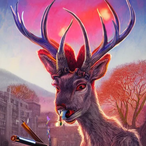 Image similar to 4 k headshot portrait of a psychedelic demonic anthropomorphic deer - horned wendigo smoking a hand - rolled cigarette smoking heavily, magic mushroom village in background. award winning. superb resolution. in the art style of junji ito and greg rutkowski. detailed mushroom city in background. hyper realistic anime. perfect art. dalle 2