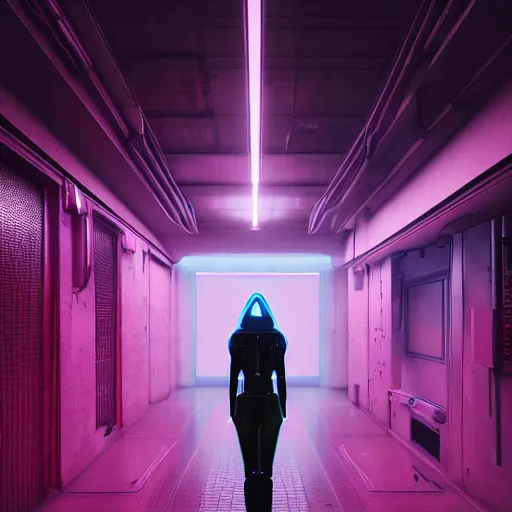 Image similar to a woman standing in a hallway with neon lights, cyberpunk art by beeple, cgsociety, retrofuturism, dystopian art, ominous vibe, futuristic