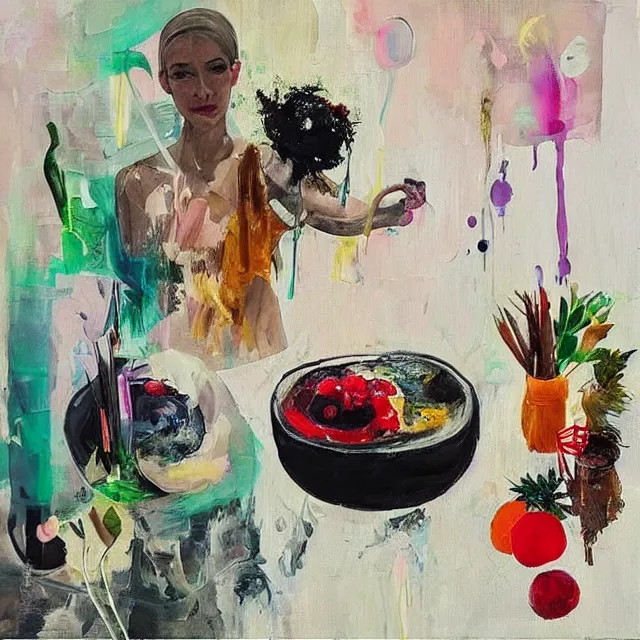 Image similar to “ a portrait in a female art student ’ s apartment, sensual, vegetables, art supplies, paint tubes, palette knife, pigs, ikebana, herbs, a candle dripping white wax, squashed berries, berry juice drips, acrylic and spray paint and oilstick on canvas, surrealism, neoexpressionism ”