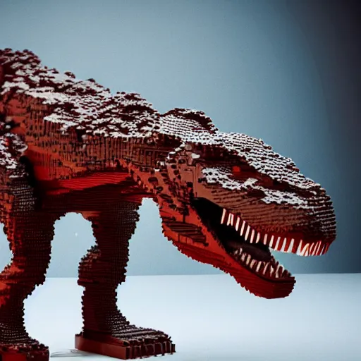 Image similar to photo of a T-Rex made of Lego, cinematic drama scene, scary 8k