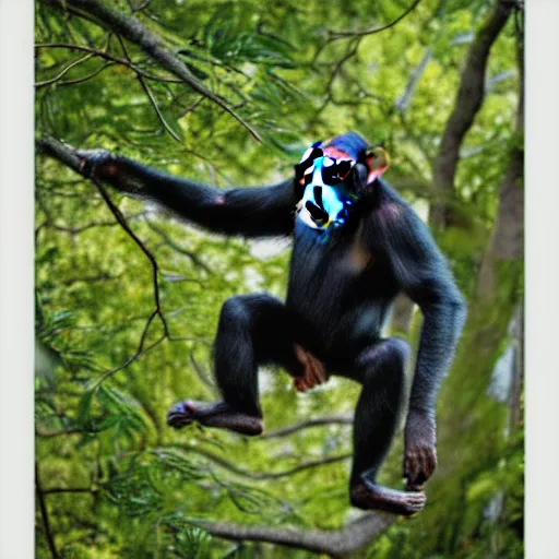 Prompt: chimpanzee, swinging on a tall tree, photo realistic, award winning, high detail, rule of thirds