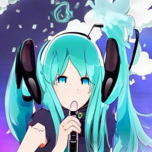 Image similar to hatsune miku being high with bloodshot eyes smoking weed with a vape pen. a room full of smoke