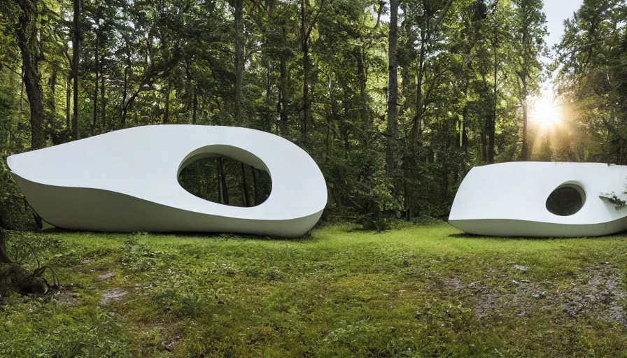 Image similar to A unique innovative sea ranch style creative cabin in a lush green forest with soft rounded corners and angles, 3D printed line texture, made of cement, connected by sidewalks, public space, and a park, Design and style by Zaha Hadid, Wes Anderson and Gucci