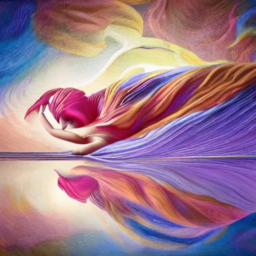 Image similar to Surreal painting depicting drifting off in to sleep, wake initiated lucid dream, digital art, beautiful colours, amazing composition, astonishing detail, smooth lines, award winning