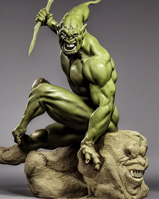 Prompt: a full figure rubber sculpture of crouching Orc, by Michelangelo, in the style of Frank Frazetta, dramatic lighting, rough texture, subsurface scattering, wide angle lens