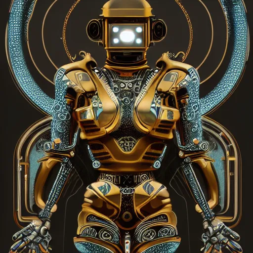 Image similar to robot, 70s sci-fi, highly detailed, dark enlightenment, alchemy, nigredo, deep aesthetic, concept art, post process, 4k, highly ornate intricate details, art deco,