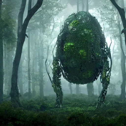 Prompt: a complex organic fractal 3 d metallic symbiotic ceramic humanoid megastructure creature in a swampy lush forest, foggy, cinematic shot, photo still from movie by denis villeneuve, wayne barlowe, polaroid