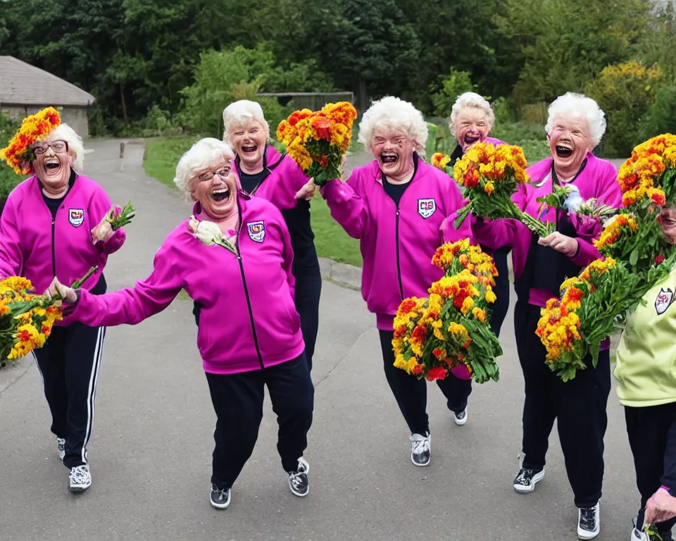 Image similar to a gang of old ladies waving flowers and large hammers, and wearing Umbro track suits laughing maniacally and screaming