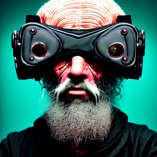 Image similar to Colour Caravaggio style Photography of 1000 years old man with highly detailed 1000 years old face wearing higly detailed cyberpunk VR Headset designed by Josan Gonzalez Many details. . In style of Josan Gonzalez and Mike Winkelmann andgreg rutkowski and alphonse muchaand Caspar David Friedrich and Stephen Hickman and James Gurney and Hiromasa Ogura. Rendered in Blender