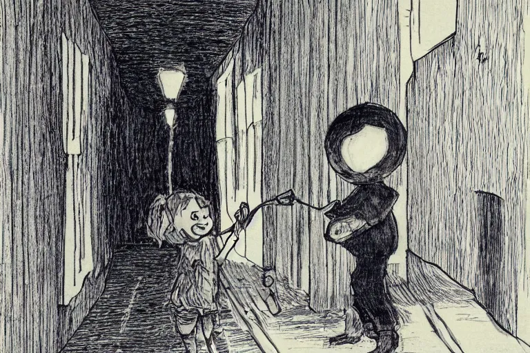 Image similar to art of a small child carefully holding a torch through a hallway filled with nightmarish monsters